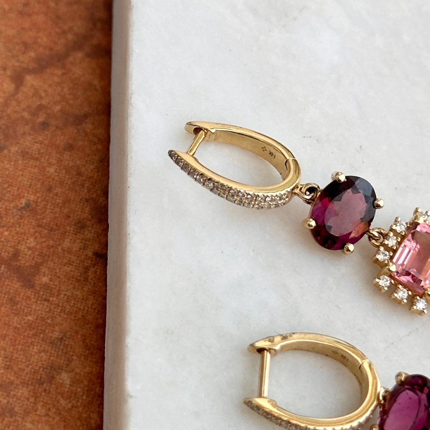 Estate 14KT Yellow Gold Multi Colored Pink + Green Tourmaline Diamond Dangle Hoop Earrings - LSJ