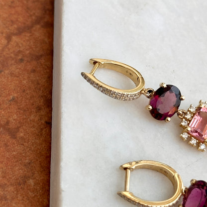 Estate 14KT Yellow Gold Multi Colored Pink + Green Tourmaline Diamond Dangle Hoop Earrings - LSJ