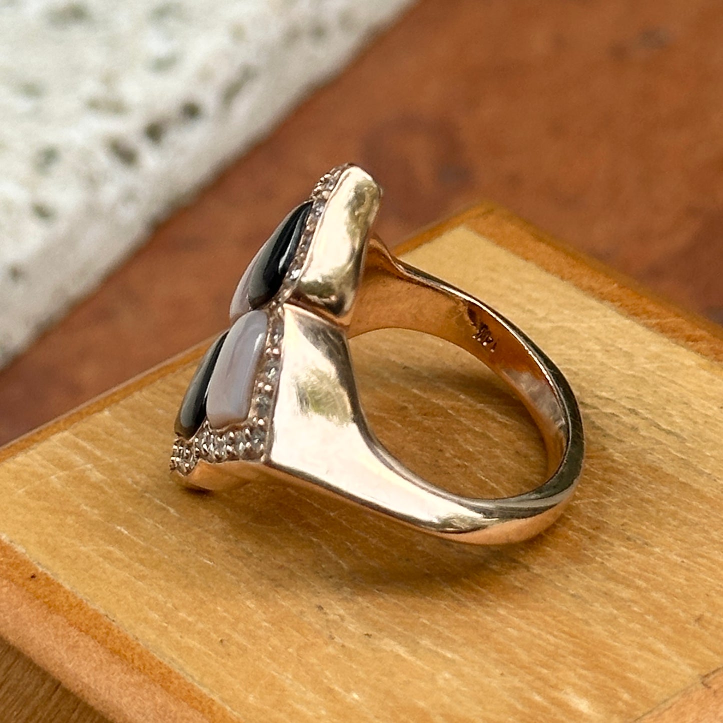 Estate 14KT Rose Gold Mother of Pearl + Diamond Leaf Ring