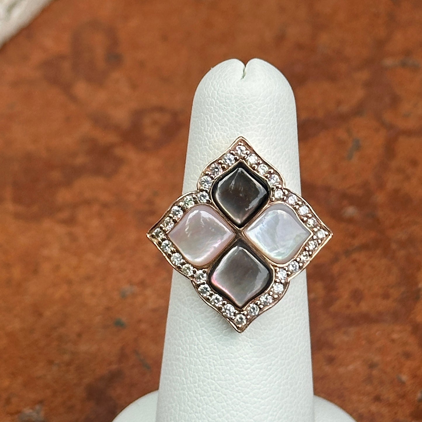 Estate 14KT Rose Gold Mother of Pearl + Diamond Leaf Ring