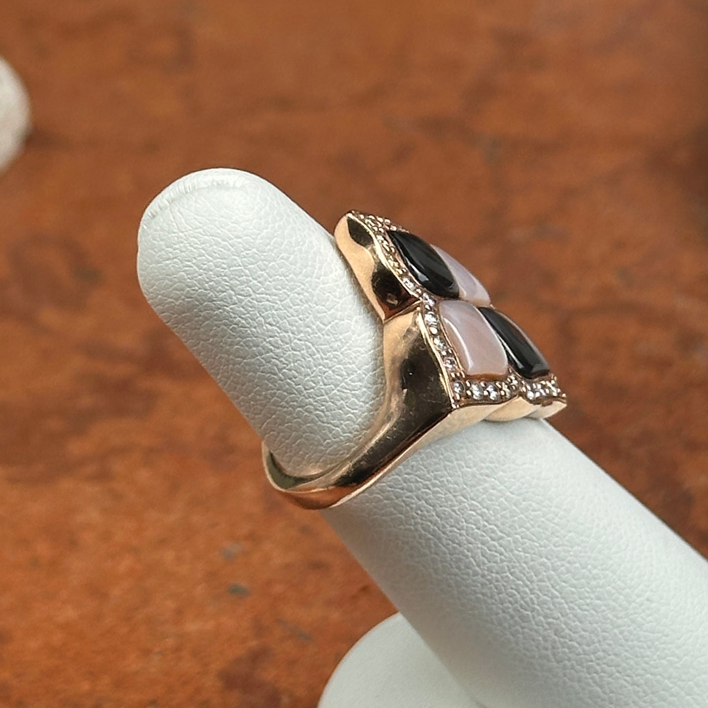 Estate 14KT Rose Gold Mother of Pearl + Diamond Leaf Ring