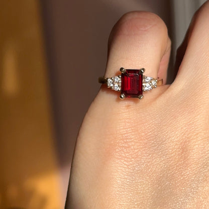 Estate 14KT Yellow Gold Emerald-Cut Garnet + Diamond Ring