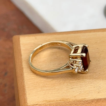 Estate 14KT Yellow Gold Emerald-Cut Garnet + Diamond Ring