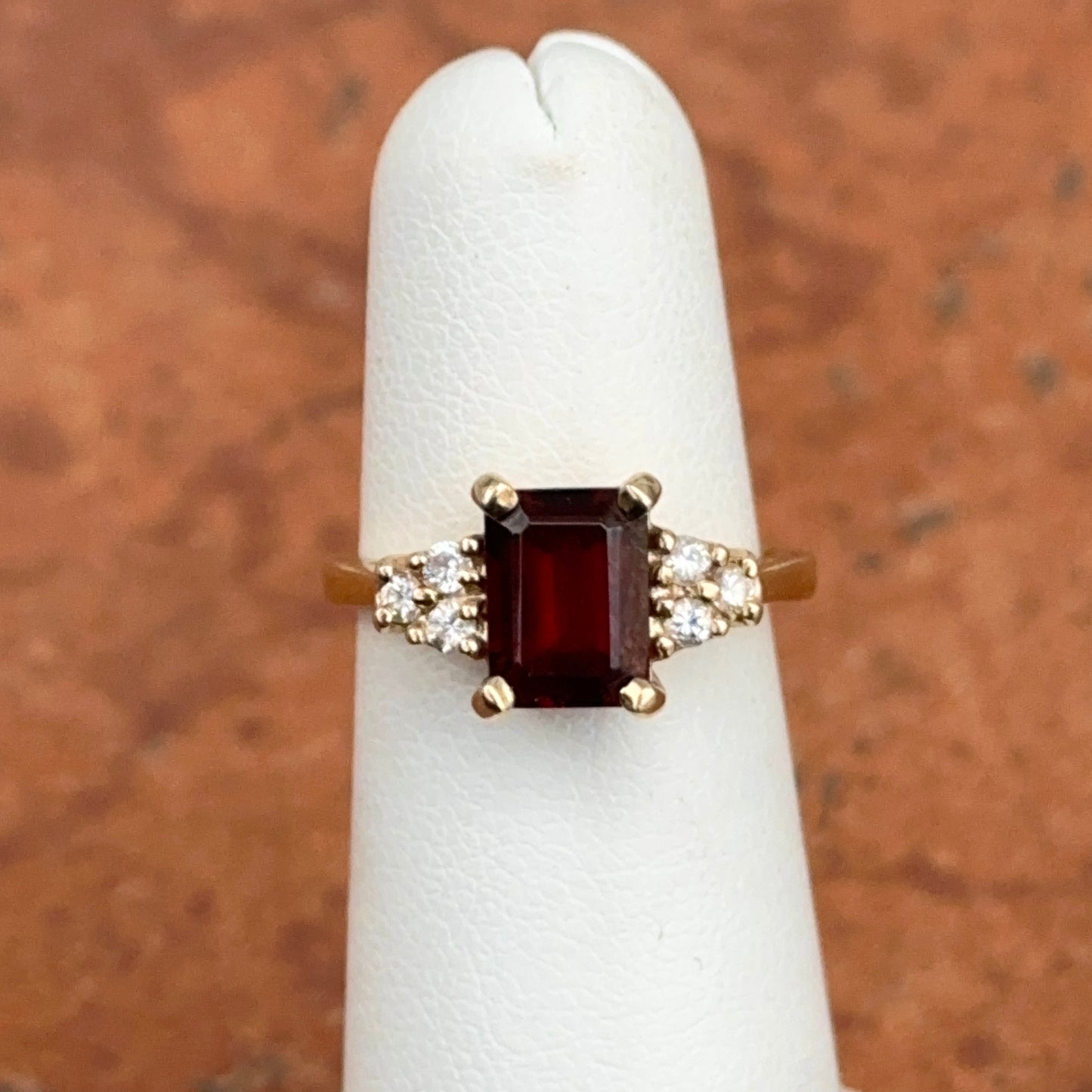 Estate 14KT Yellow Gold Emerald-Cut Garnet + Diamond Ring