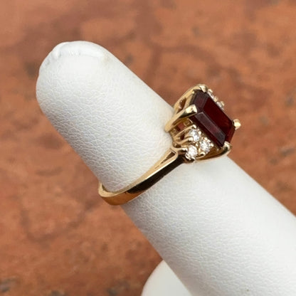 Estate 14KT Yellow Gold Emerald-Cut Garnet + Diamond Ring