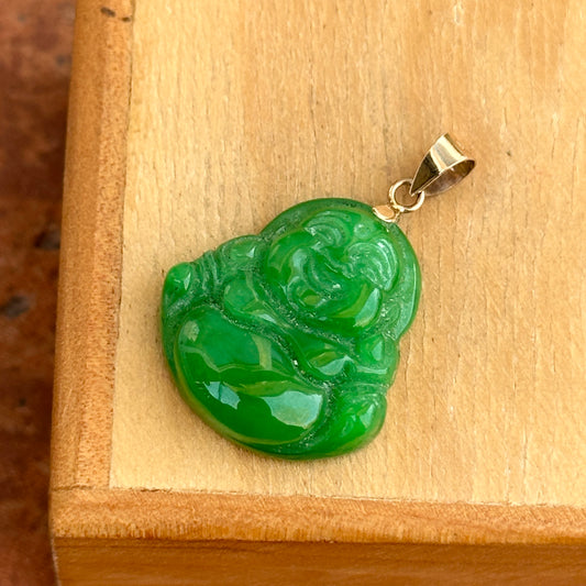 Estate 14KT Yellow Gold Carved Genuine Dark Jade Chinese Buddha Pendant - LSJ
