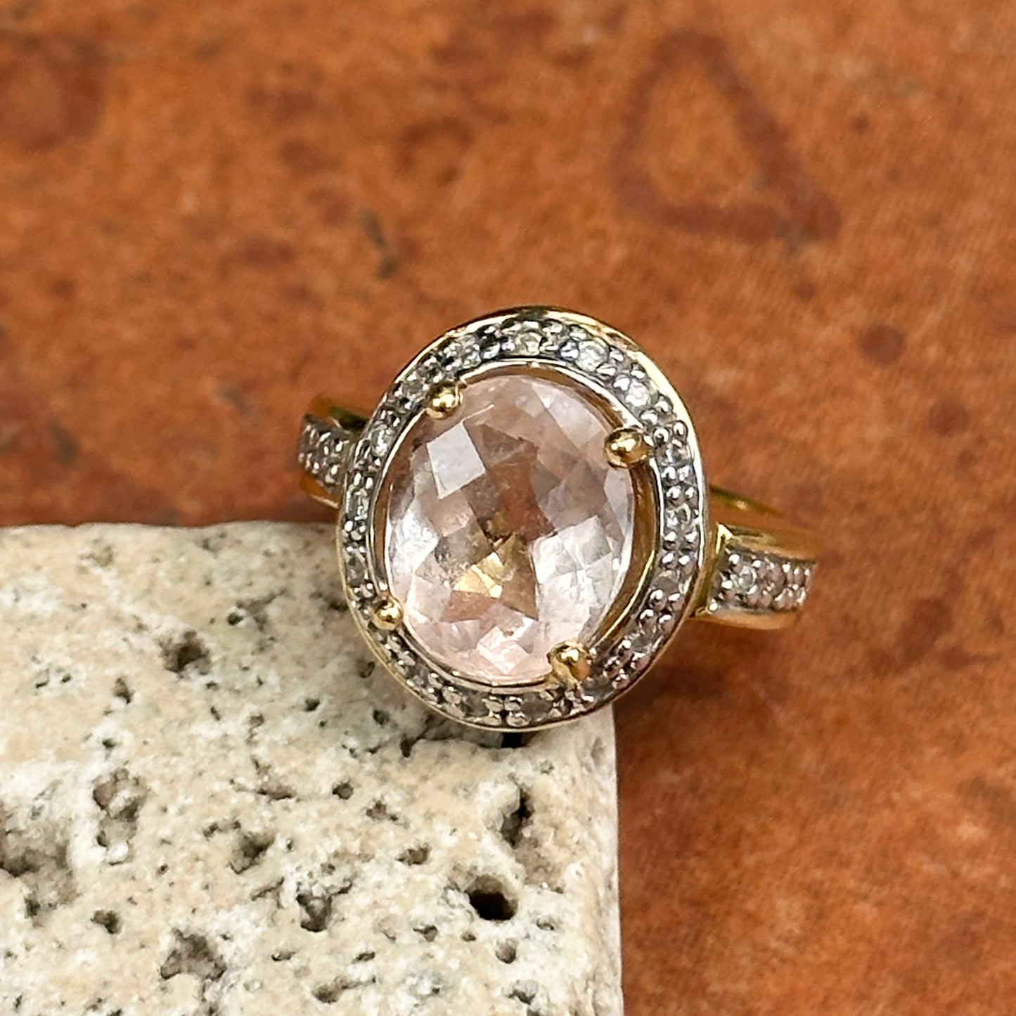 Estate 18KT Yellow Gold Oval Morganite + Diamond Halo Ring