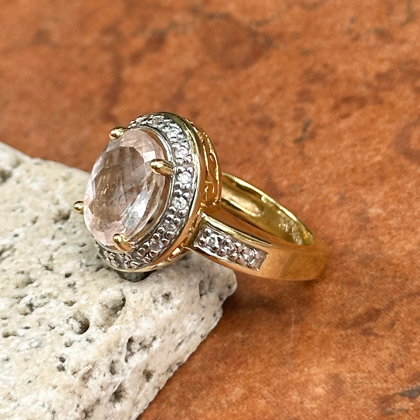 Estate 18KT Yellow Gold Oval Morganite + Diamond Halo Ring