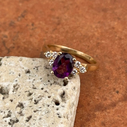 Estate 14KT Yellow Gold Oval-Cut Purple Amethyst + Round Diamond Accent Ring