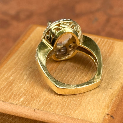Estate 18KT Yellow Gold Oval Morganite + Diamond Halo Ring