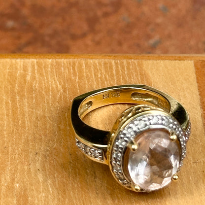 Estate 18KT Yellow Gold Oval Morganite + Diamond Halo Ring