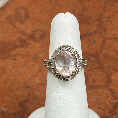 Estate 18KT Yellow Gold Oval Morganite + Diamond Halo Ring