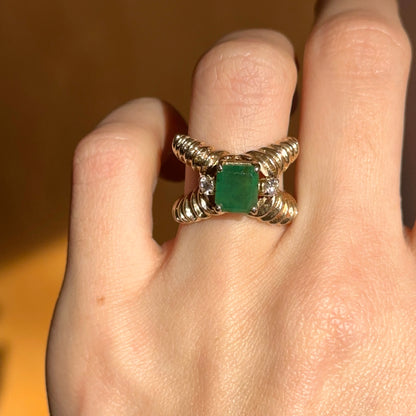 Estate 14KT Yellow Gold Emerald-Cut Emerald + Diamond Ring Ribbed Criss Cross Band Mid Century