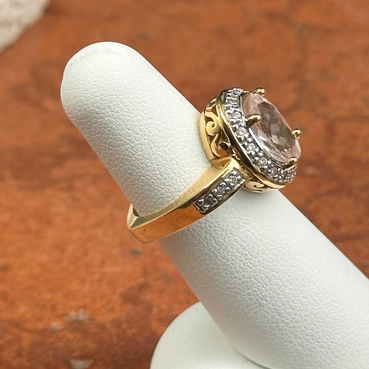 Estate 18KT Yellow Gold Oval Morganite + Diamond Halo Ring