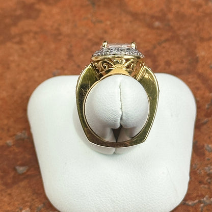 Estate 18KT Yellow Gold Oval Morganite + Diamond Halo Ring