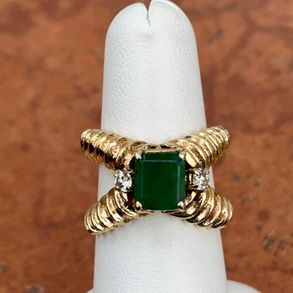 Estate 14KT Yellow Gold Emerald-Cut Emerald + Diamond Ring Ribbed Criss Cross Band Mid Century