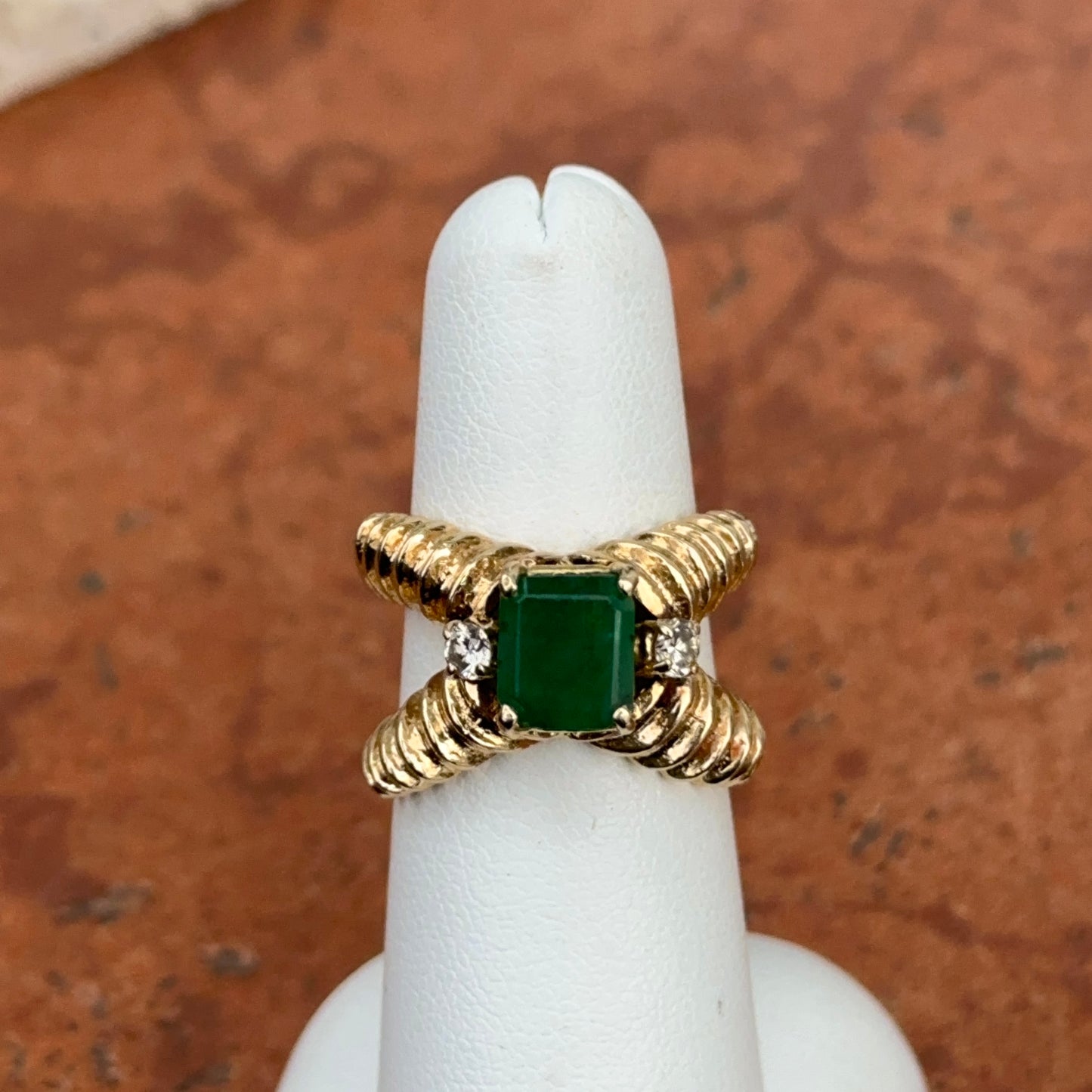 Estate 14KT Yellow Gold Emerald-Cut Emerald + Diamond Ring Ribbed Criss Cross Band Mid Century