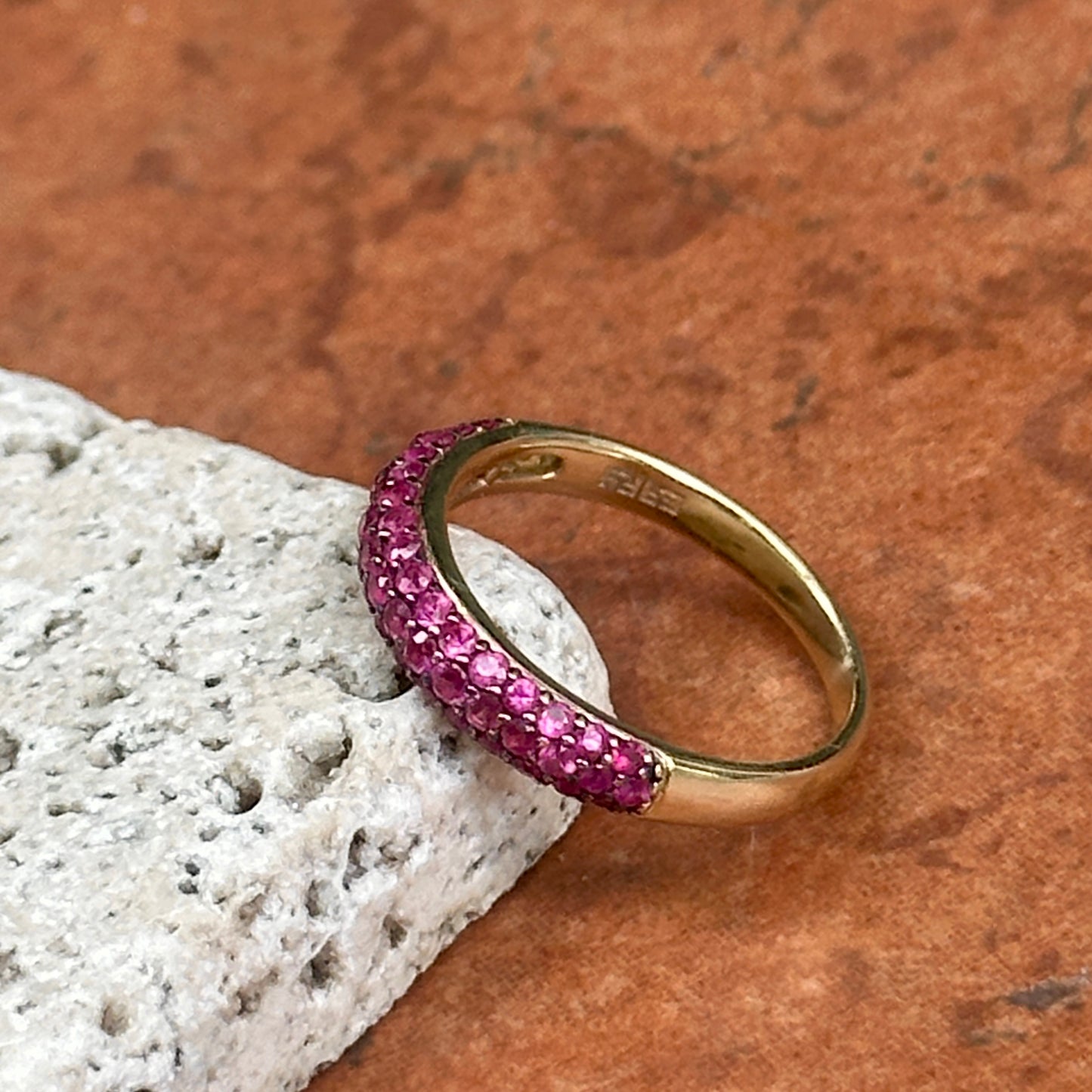 Estate 14KT Yellow Gold Pave Ruby Domed Band Ring