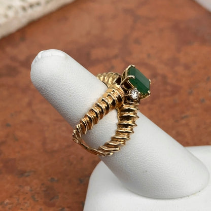 Estate 14KT Yellow Gold Emerald-Cut Emerald + Diamond Ring Ribbed Criss Cross Band Mid Century