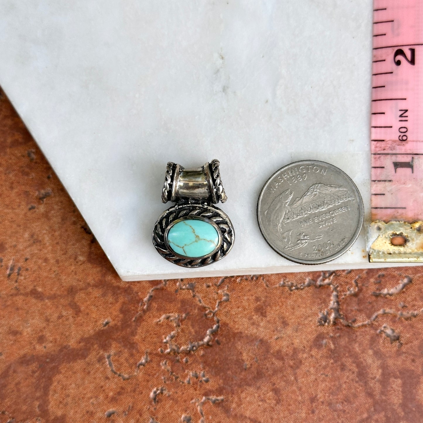 Estate Sterling Silver Oval Cabochon Genuine Turquoise Slide Pendant