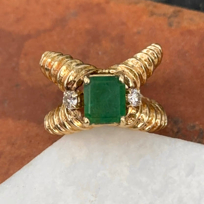 Estate 14KT Yellow Gold Emerald-Cut Emerald + Diamond Ring Ribbed Criss Cross Band Mid Century