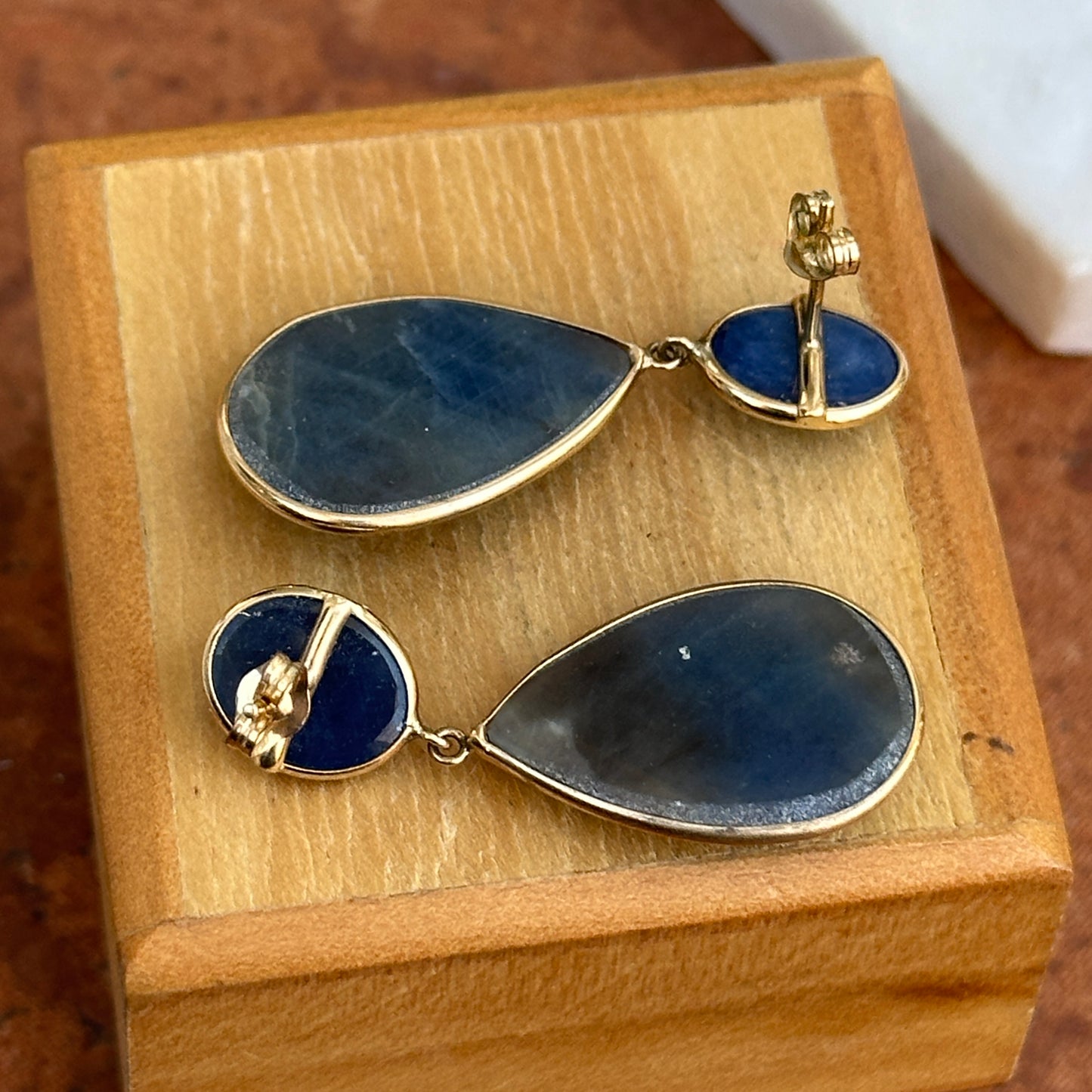 Estate 14KT Yellow Gold Oval Faceted + Pear Teardrop Blue Sapphire Dangle Drop Earrings - LSJ