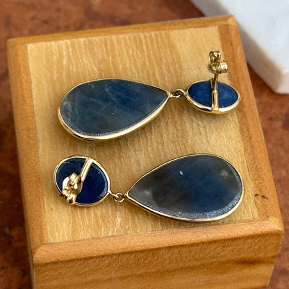 Estate 14KT Yellow Gold Oval Faceted + Pear Teardrop Blue Sapphire Dangle Drop Earrings - LSJ