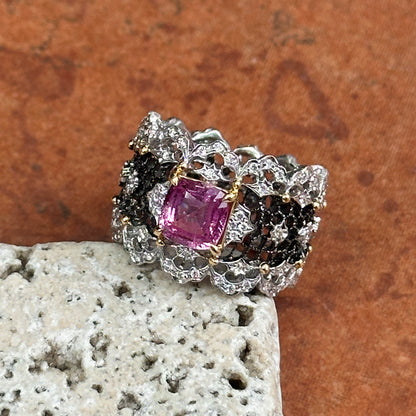 Estate 18KT White Gold Cushion Pink Sapphire + Diamond Filigree Ring