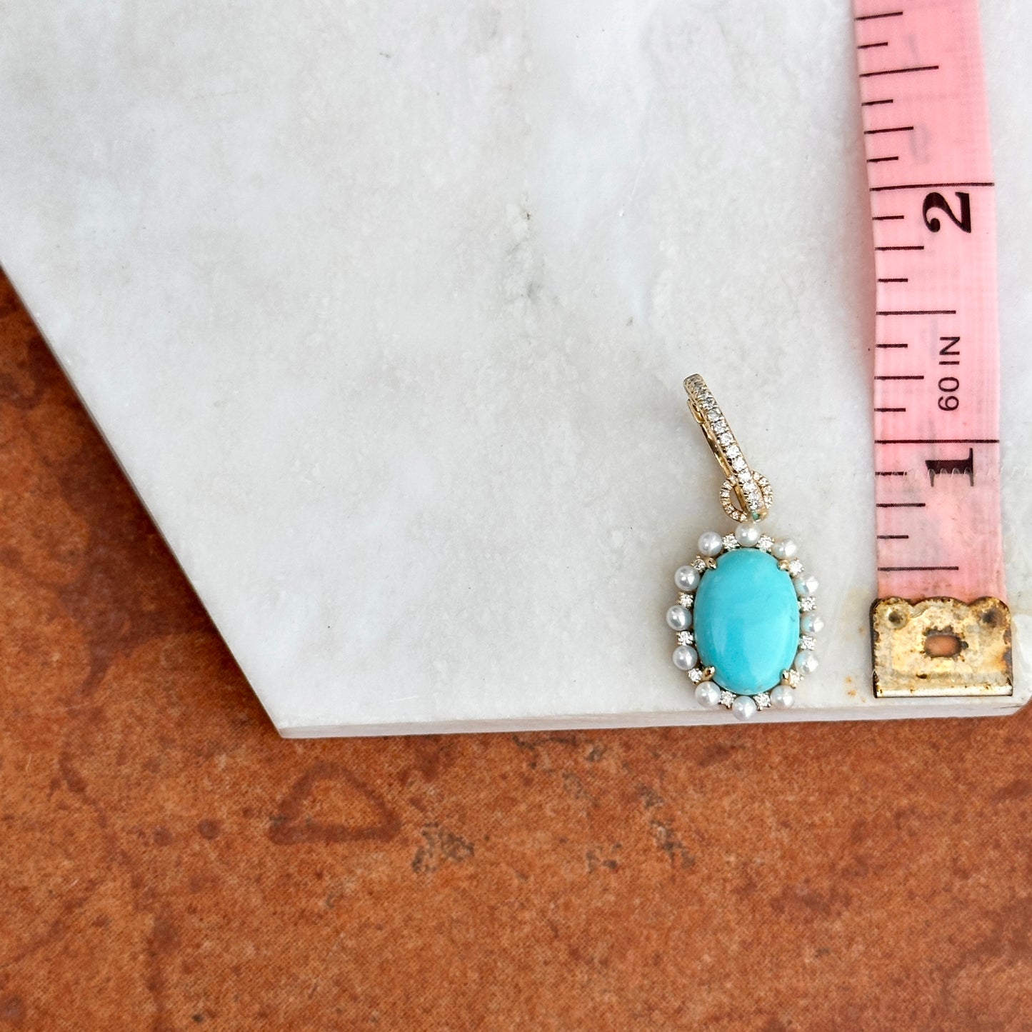 Estate 14KT Yellow Gold Oval Sleeping Beauty Turquoise Seed Pearls Diamond Hoop Earrings - LSJ