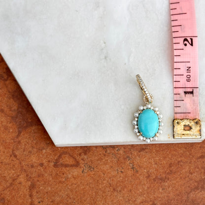Estate 14KT Yellow Gold Oval Sleeping Beauty Turquoise Seed Pearls Diamond Hoop Earrings - LSJ