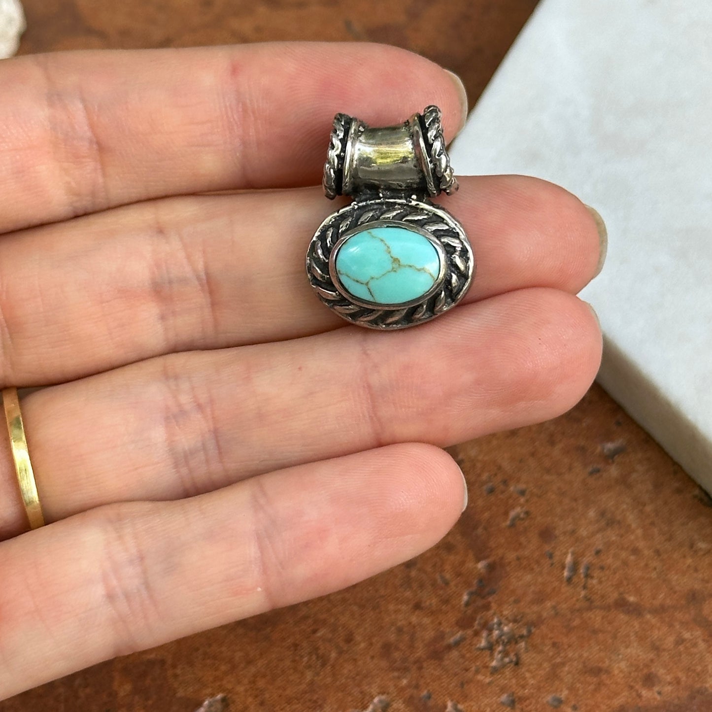 Estate Sterling Silver Oval Cabochon Genuine Turquoise Slide Pendant