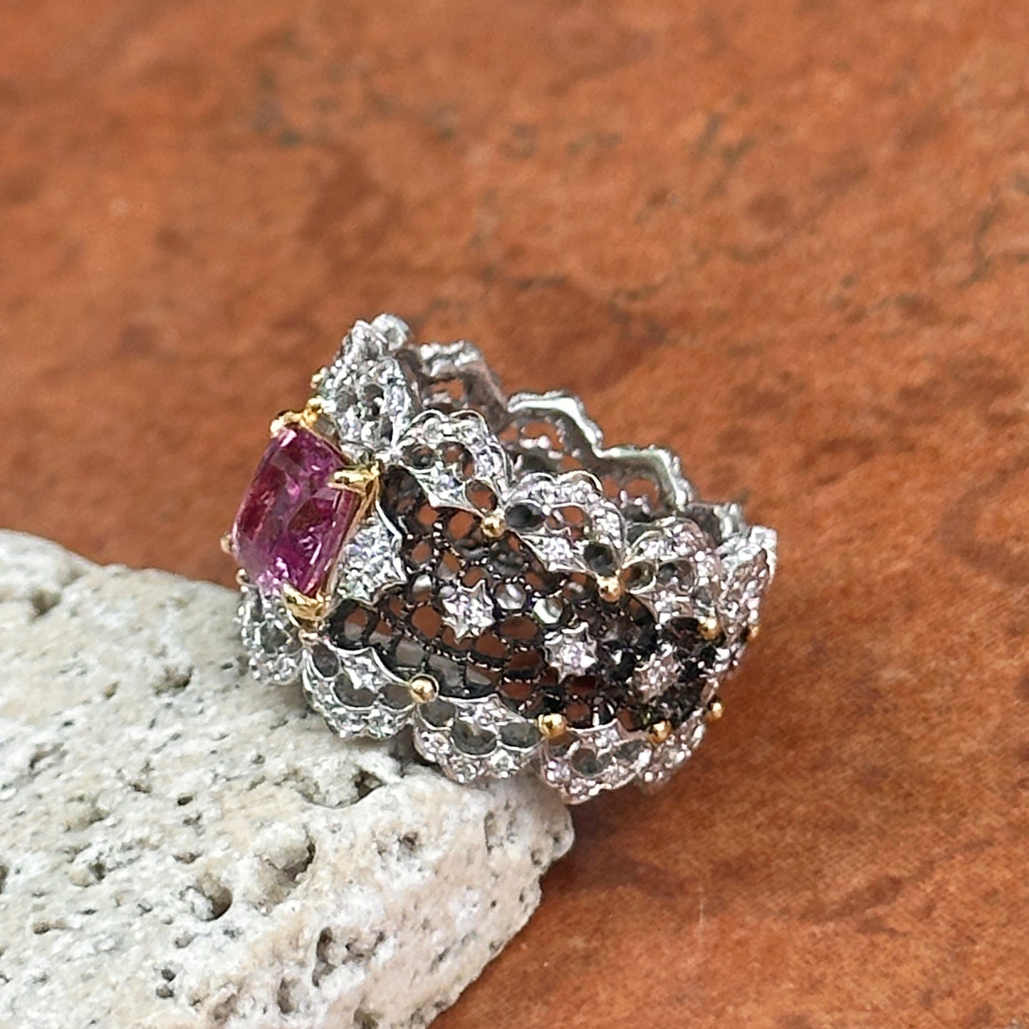 Estate 18KT White Gold Cushion Pink Sapphire + Diamond Filigree Ring