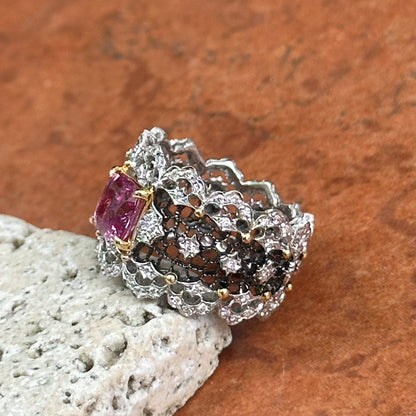 Estate 18KT White Gold Cushion Pink Sapphire + Diamond Filigree Ring