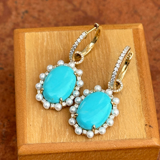 Estate 14KT Yellow Gold Oval Sleeping Beauty Turquoise Seed Pearls Diamond Hoop Earrings - LSJ