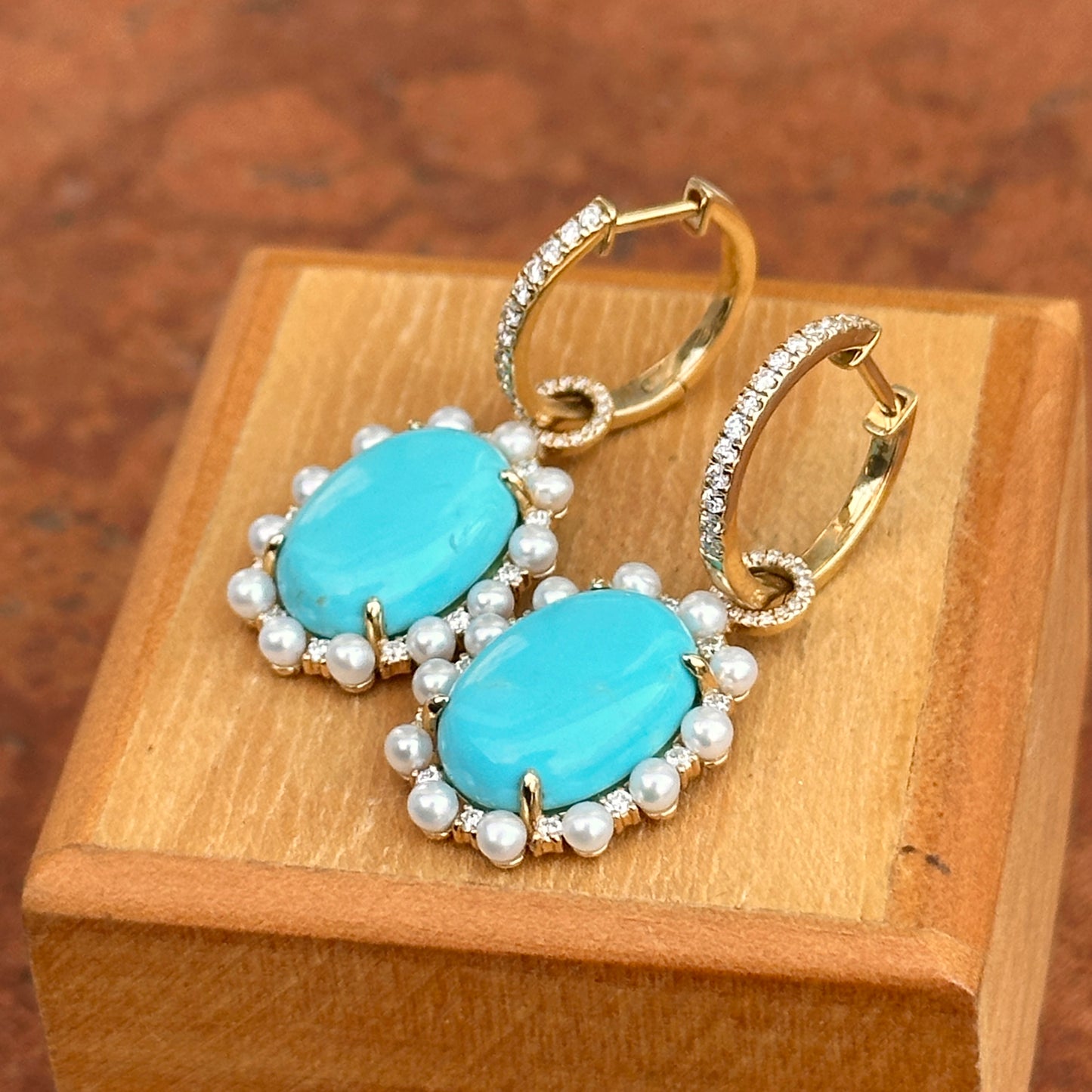 Estate 14KT Yellow Gold Oval Sleeping Beauty Turquoise Seed Pearls Diamond Hoop Earrings - LSJ
