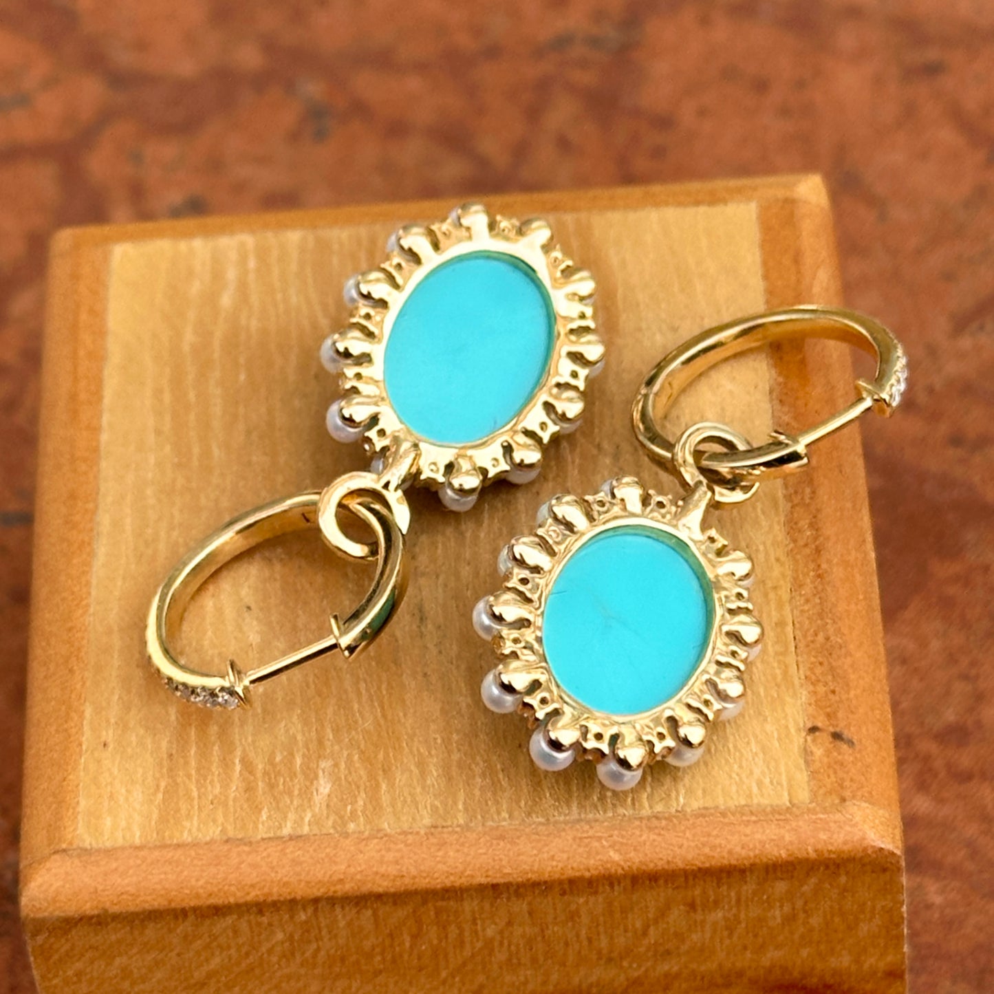 Estate 14KT Yellow Gold Oval Sleeping Beauty Turquoise Seed Pearls Diamond Hoop Earrings - LSJ