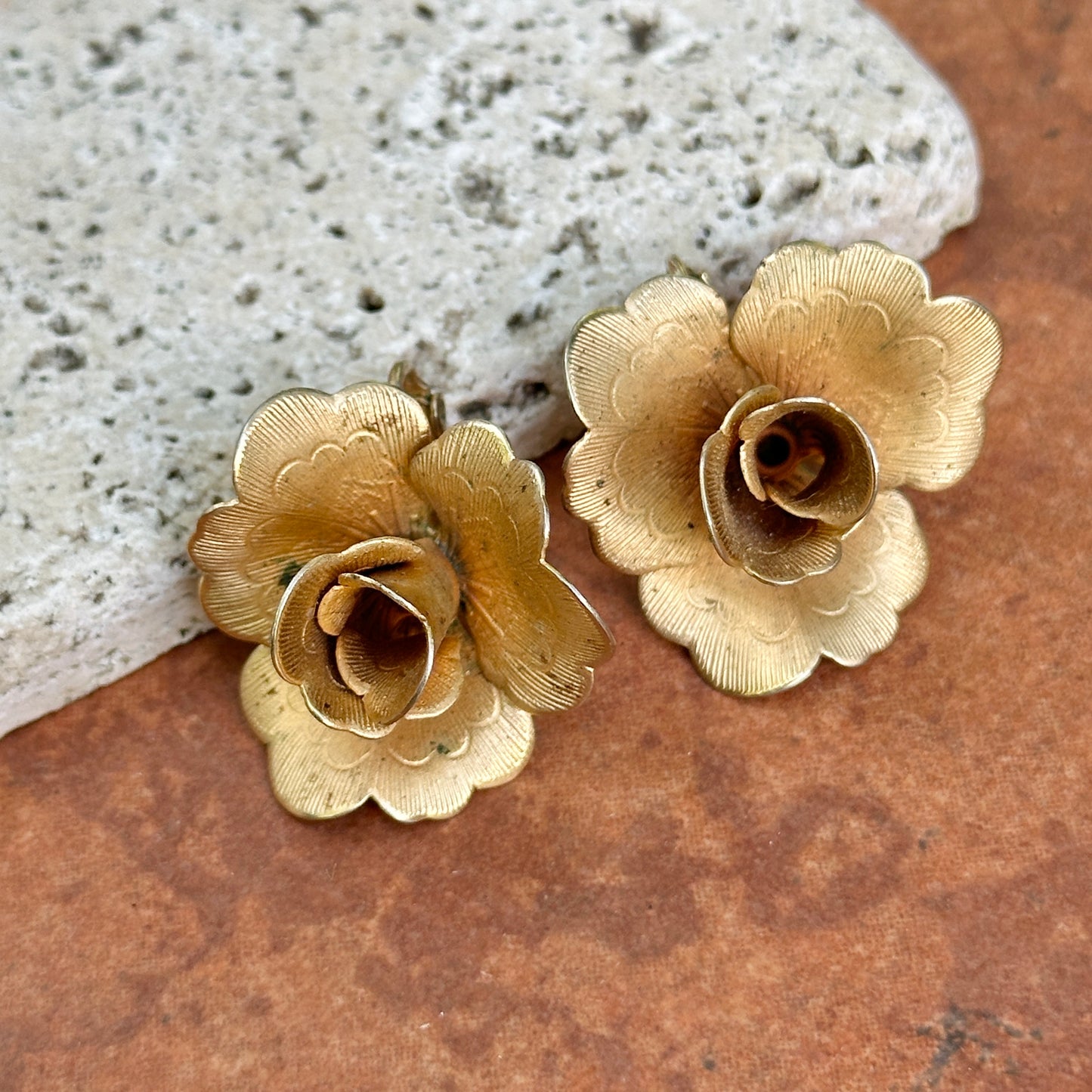 Estate Brass Large Rose Non-Pierced Clip-On Earrings