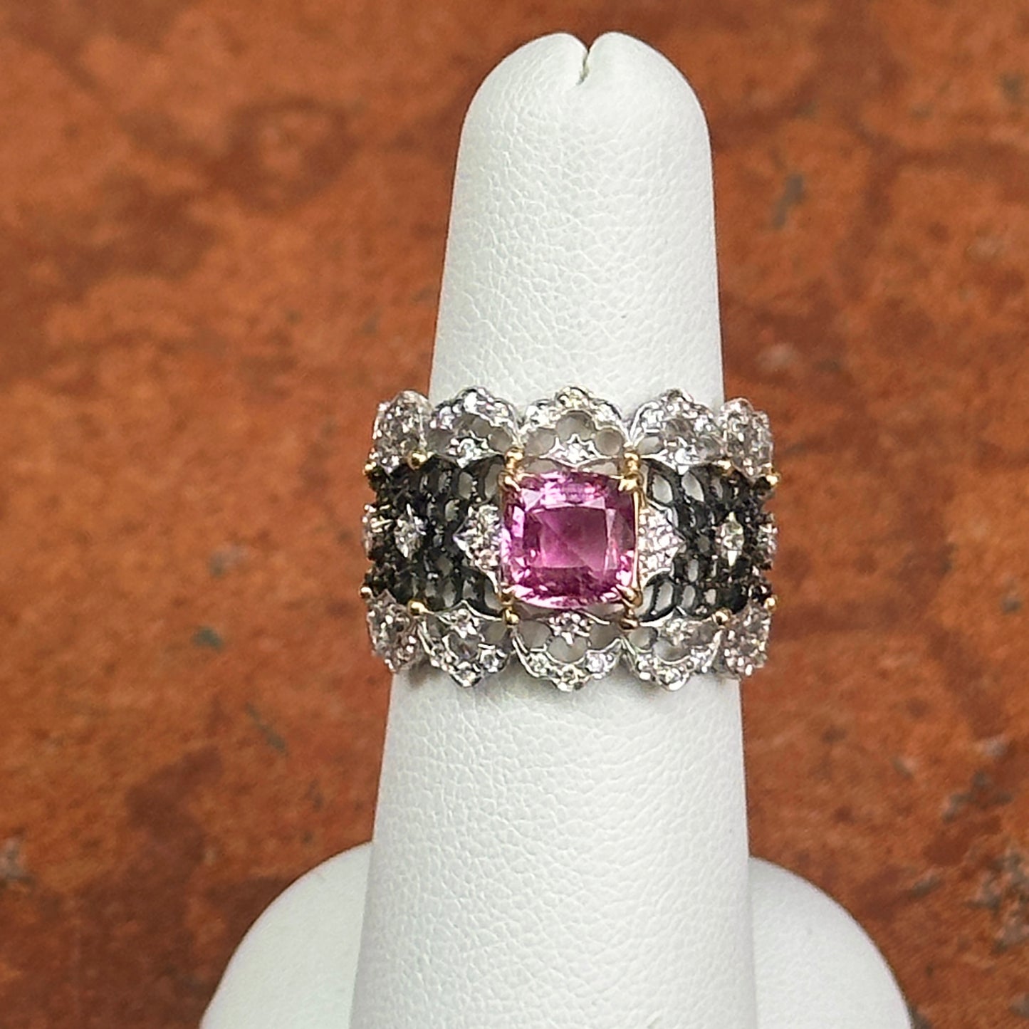 Estate 18KT White Gold Cushion Pink Sapphire + Diamond Filigree Ring