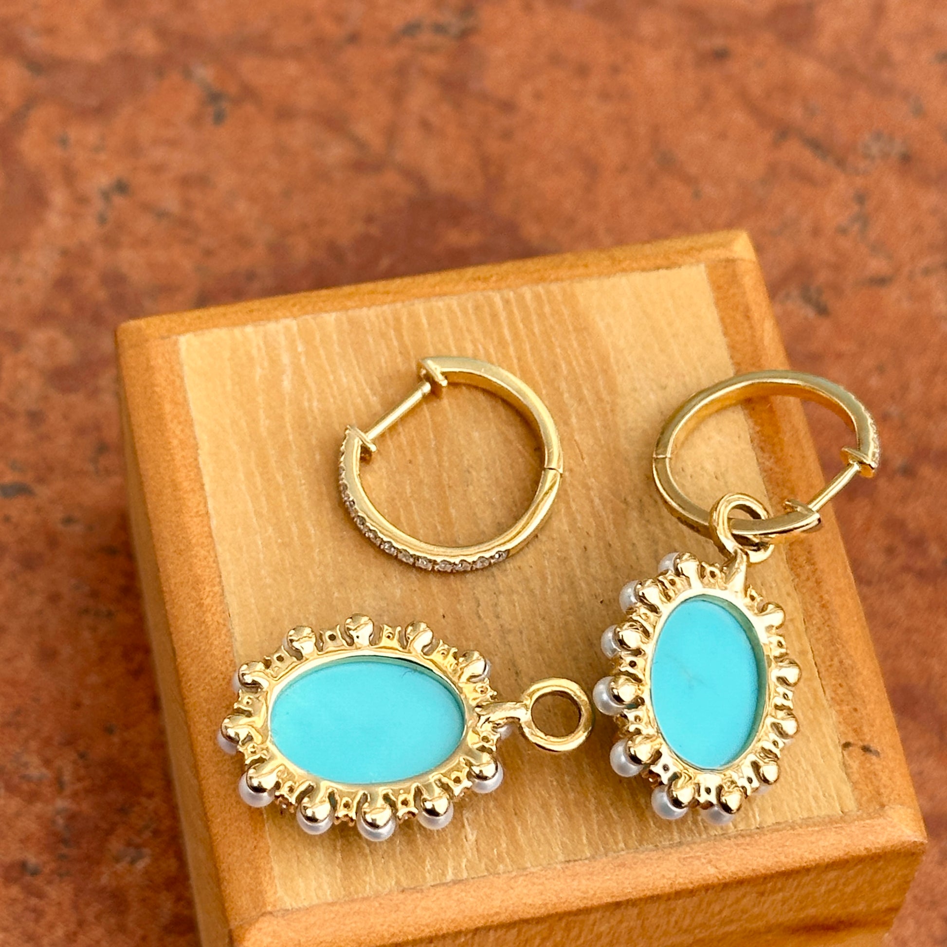 Estate 14KT Yellow Gold Oval Sleeping Beauty Turquoise Seed Pearls Diamond Hoop Earrings - LSJ