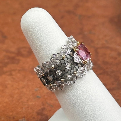 Estate 18KT White Gold Cushion Pink Sapphire + Diamond Filigree Ring
