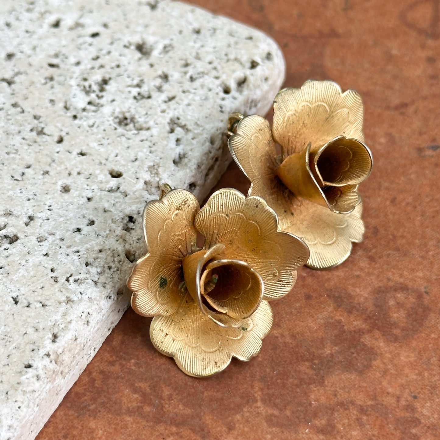 Estate Brass Large Rose Non-Pierced Clip-On Earrings