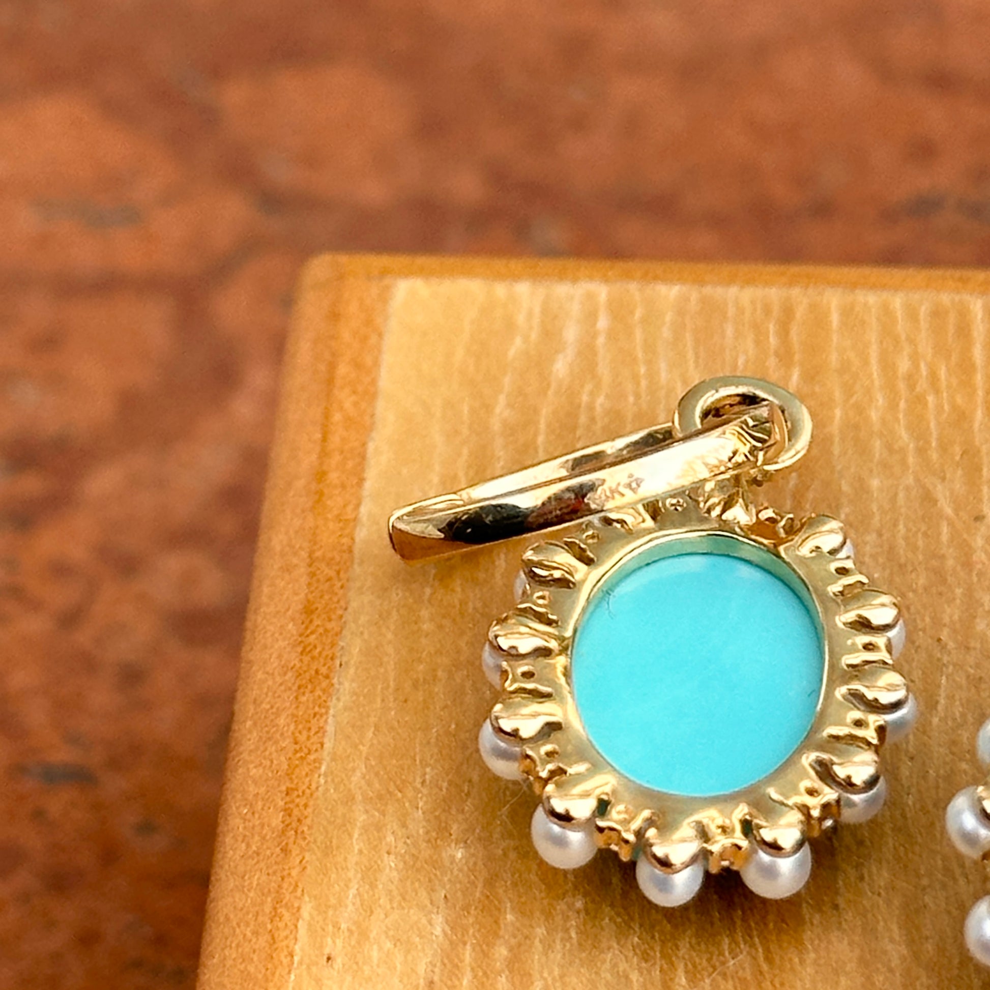 Estate 14KT Yellow Gold Oval Sleeping Beauty Turquoise Seed Pearls Diamond Hoop Earrings - LSJ