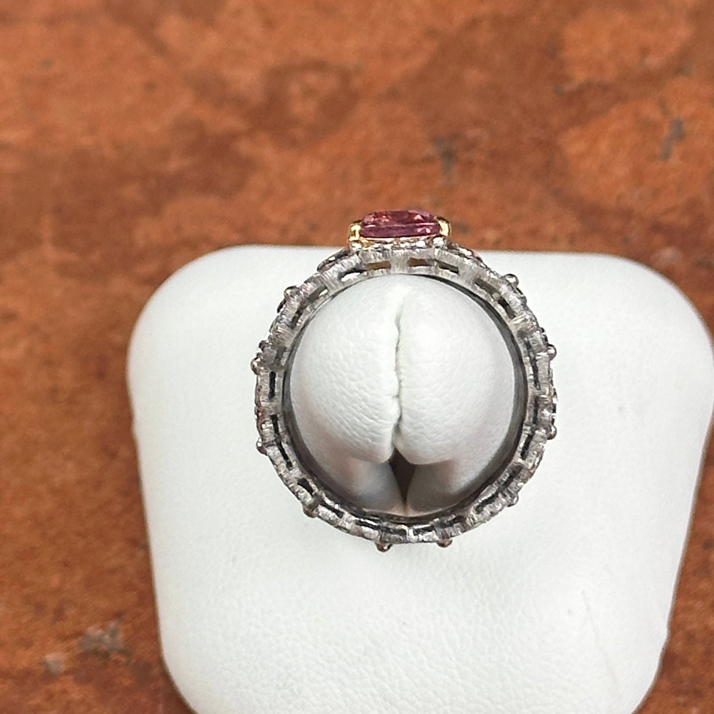Estate 18KT White Gold Cushion Pink Sapphire + Diamond Filigree Ring