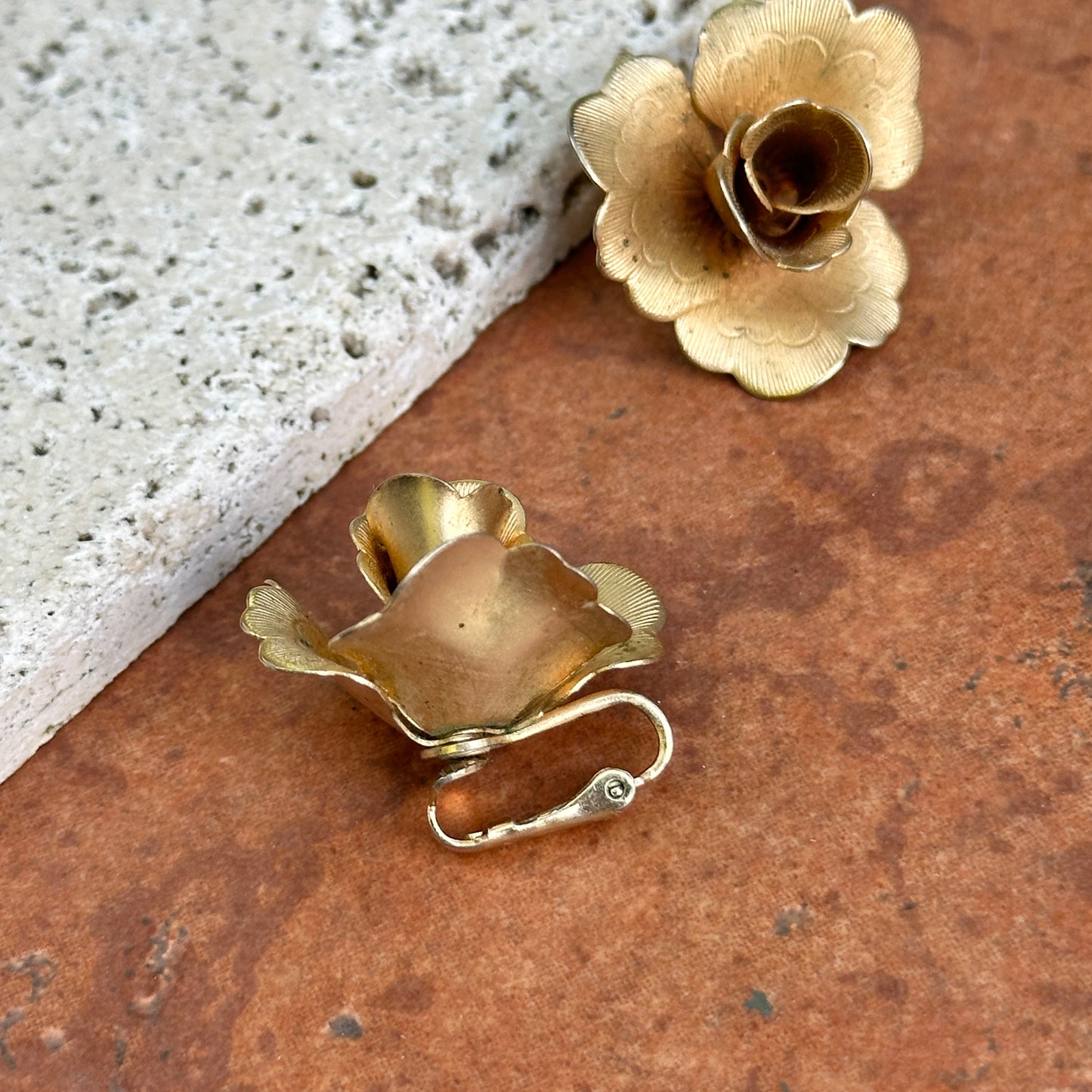 Estate Brass Large Rose Non-Pierced Clip-On Earrings