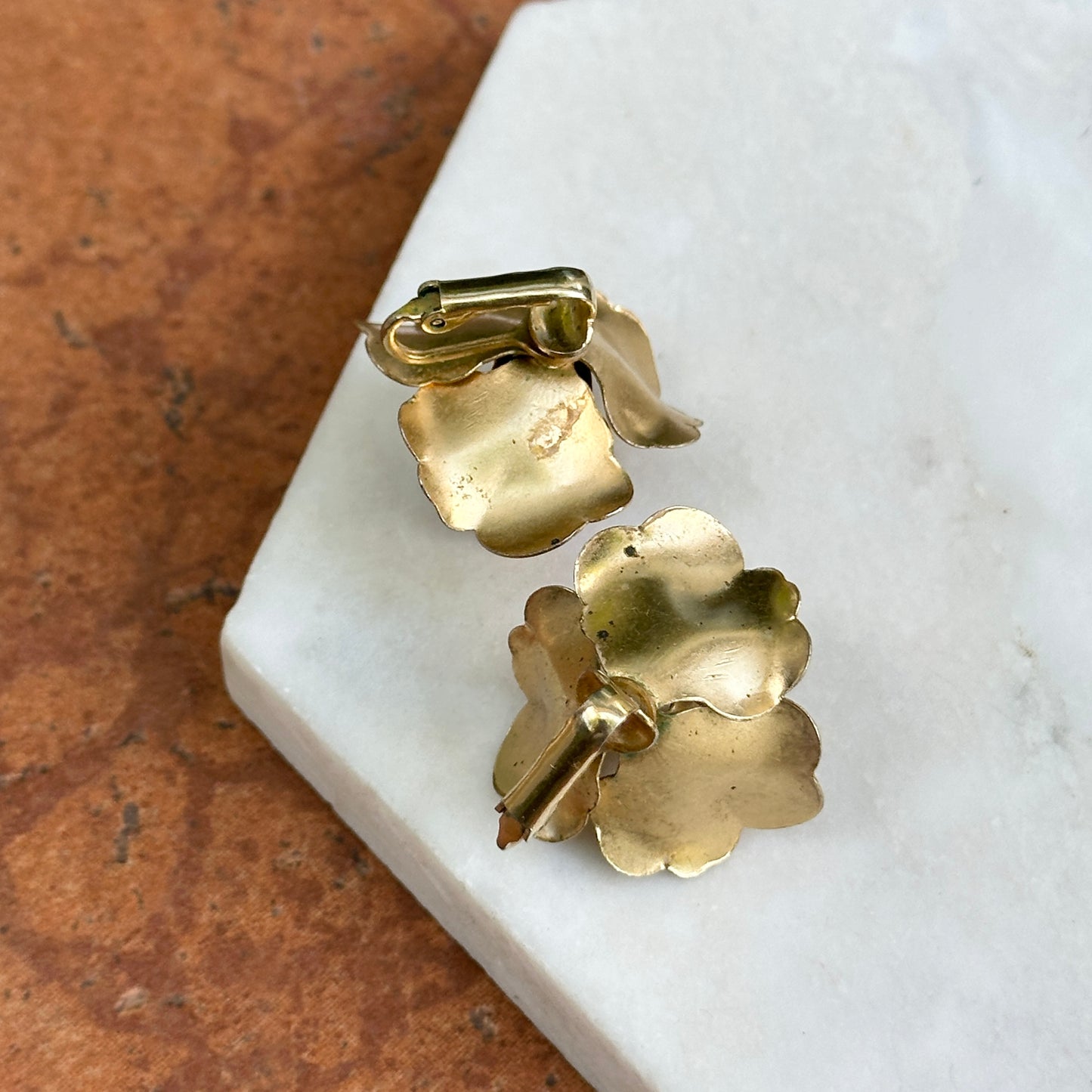 Estate Brass Large Rose Non-Pierced Clip-On Earrings