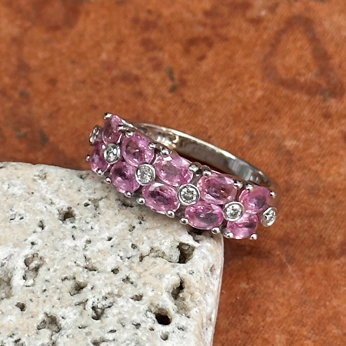 Estate 14KT White Gold Oval Pink Sapphire + Diamond Ring