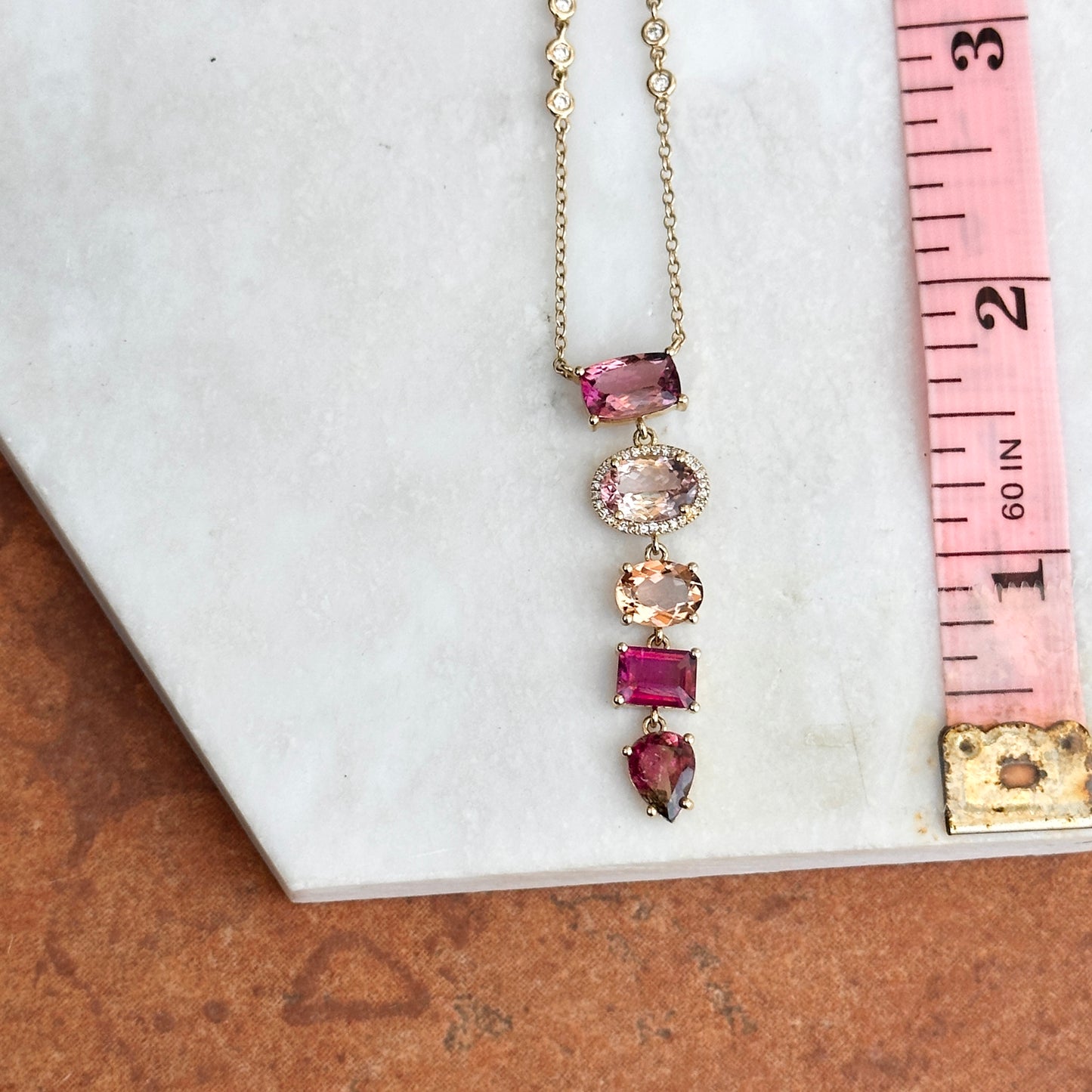 Estate 14KT Yellow Gold Multi Colored Pink Tourmaline + Diamond Y Pendant Necklace - LSJ