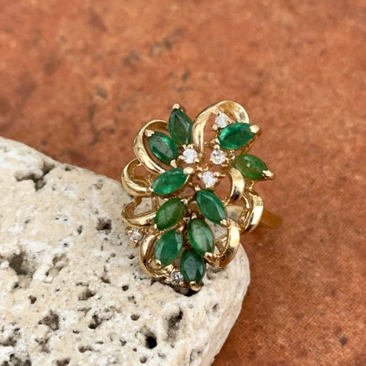 Estate 14KT Yellow Gold Pear Colombian Emerald + Diamond Cluster Cocktail Ring