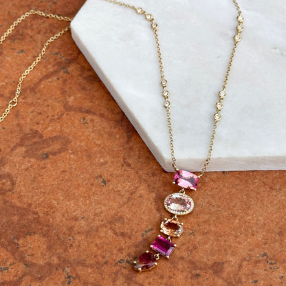 Estate 14KT Yellow Gold Multi Colored Pink Tourmaline + Diamond Y Pendant Necklace - LSJ