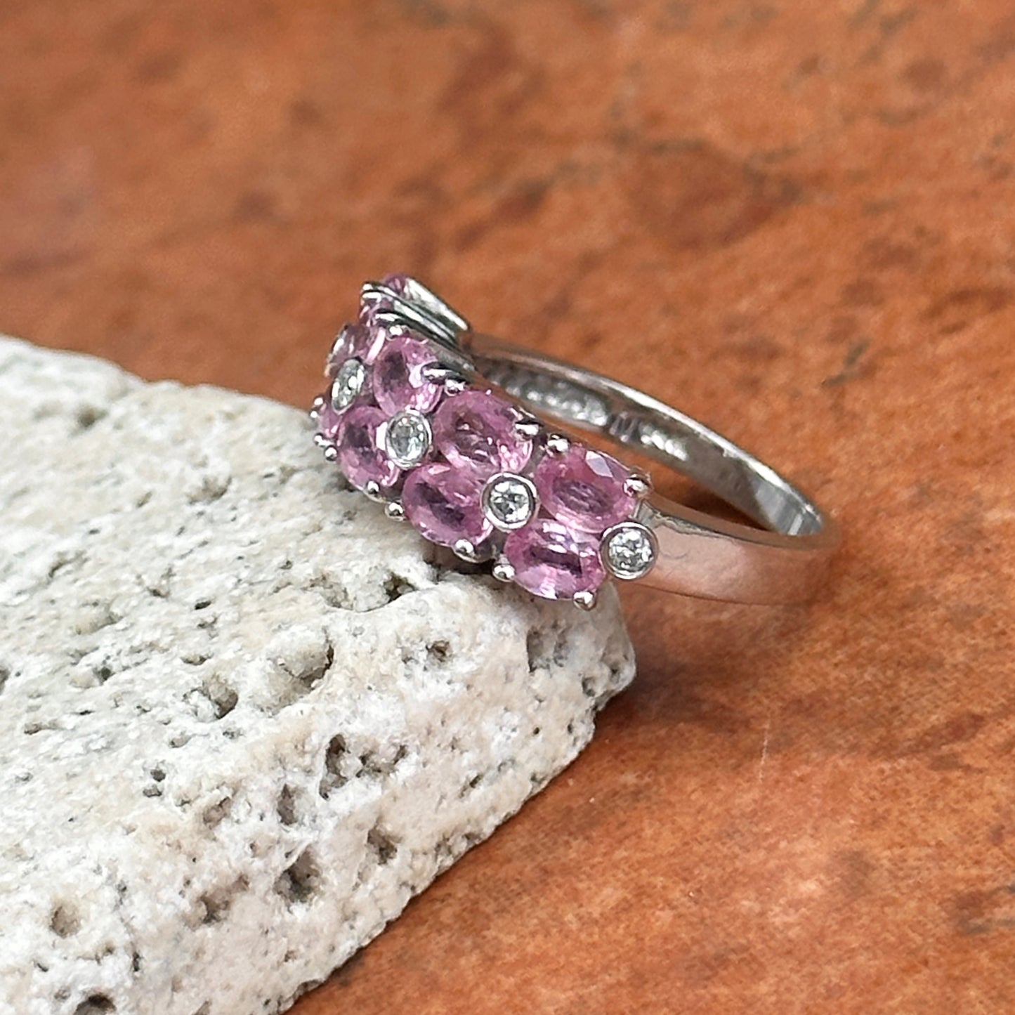 Estate 14KT White Gold Oval Pink Sapphire + Diamond Ring
